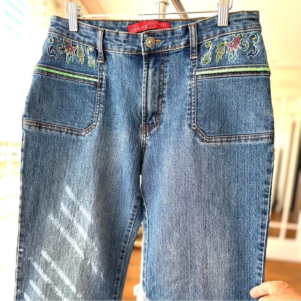 Cosmopolitan Blue Jeans with Embroidery, Straight Leg, High Rise, Stretch Denim